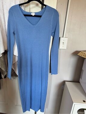 Song of Style Ribbed V-Neck Long Sleeve Dress - Blue